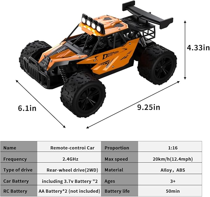 Remote Control Car Monster Truck Toys 1:16 Scale RC Car For Boys 2.4GHz High Speed 20 km/h With LED Headlights,Rechargeable RC Cars Gifts for Boys 4-7 8-12 Christmas, Beginner, Kids 6-12+ (Black)