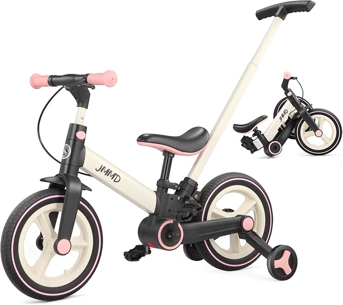 JMMD Toddler Bike with Push Handle for Kids 18-60 Months, 6 in 1 Foldable Push Bike with Training Wheels, Pedals, Brakes, Kickstand, Kid Balance Bike Gift & Toys for Boy & Girl