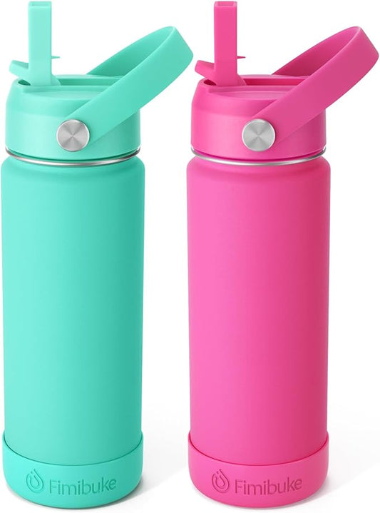 Fimibuke Kids Insulated Water Bottle, 18oz BPA FREE Kids Cups with Straw Double Wall Vacuum Tumbler 18/8 Stainless Steel Leak Proof Toddler Water Bottle for School Boys Girls (2 Pack, Hawaii)
