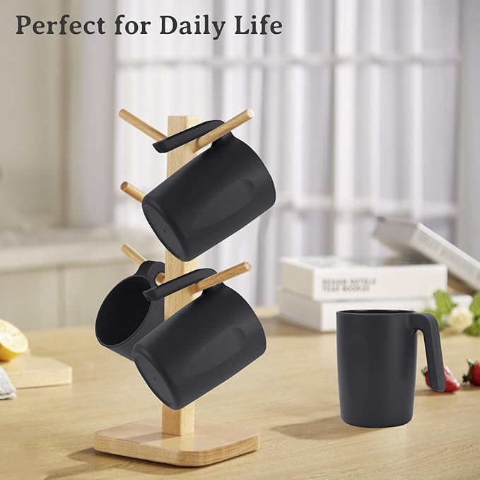 16oz Wheat Straw Cups with handles set of 6-Plastic Cups Reusable-Unbreakable Kids Mugs-Dishwasher Safe & Microwave Safe-Ideal Plastic Mugs for Tea,Coffee,Camping,RV-Black