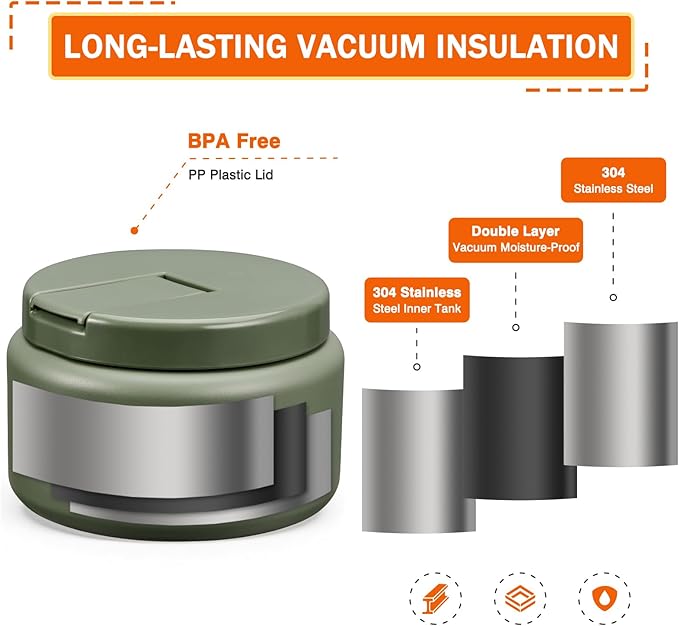 13.5oz Kids Jar for Hot Food, Insulated Vacuum Food Jar with Buckle Lid, Stainless Steel Wide Mouth Leak Proof Insulated Lunch Container for School Picnic Travel, Green