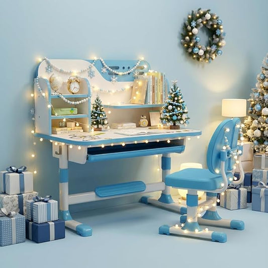 Kids Desk and Chair Set for 6-12, Hight Adjustable Study Table, Table for Kids with Bookshelf and Drawers, Bedroom Desk for Boys and Girls (Blue)