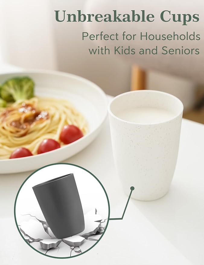 12 OZ Wheat Straw Cups Reusable Drinking Tumblers, Unbreakable Cups for Kitchen - BPA Free, Dishwasher Safe, Set of 8, Ombre Grey