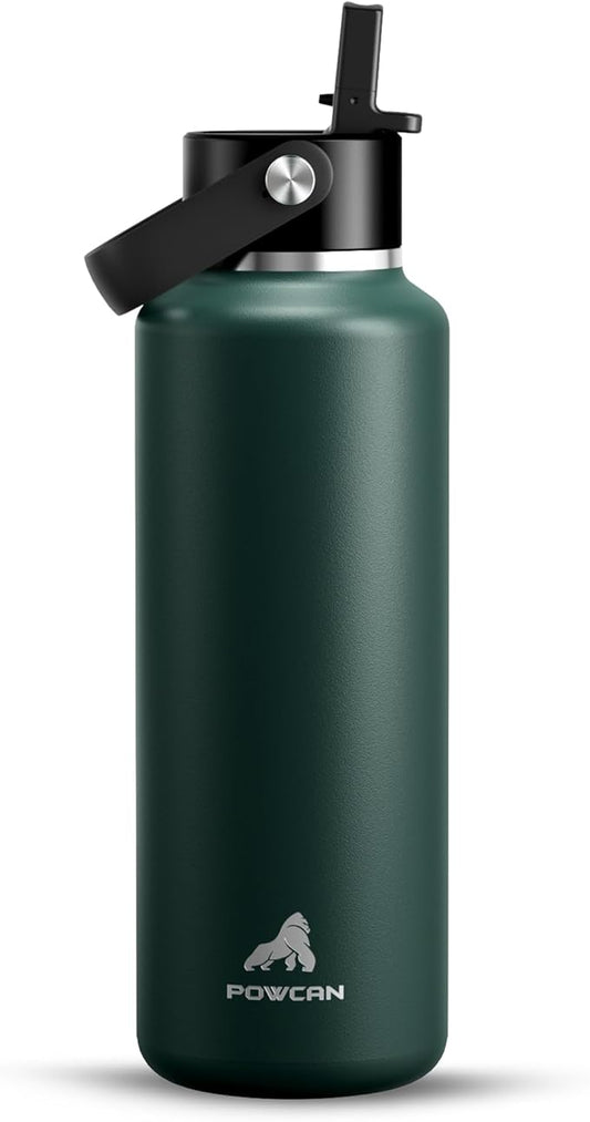 POWCAN 18 oz Water Bottle Insulated: Leakproof Lid with Straw, Lightweight, Flex Cap, BPA-Free, Stainless Steel Water Bottle for Office, Trekking, Commute, Worker, Walking, Cycling (Fir Green)