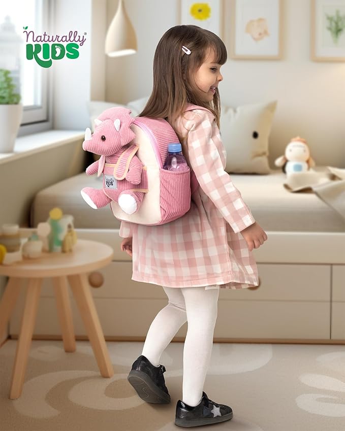 Naturally KIDS Pink Dinosaur Toys for Girls, Triceratops Toy, Dinosaur Gifts for 2 3 Year Old Girls, Toddler Backpack
