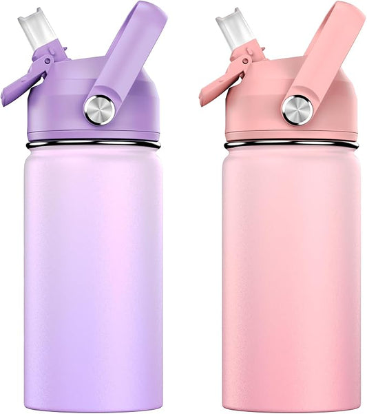 14oz Kids Insulated Water Bottle with Straw Lid - 18/8 Stainless Steel Kid Cup Travel Tumbler Double Wall Vacuum Leak Proof Portable Toddler Water Bottle (Pink+Purple）