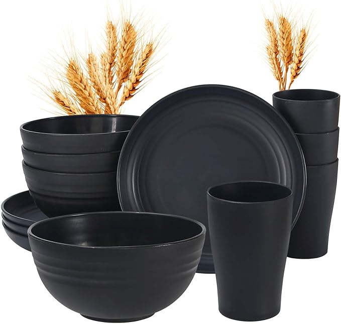 12pcs Kids Wheat Straw Dinnerware Sets, Wheat Straw Plates and Bowls Set for 4 Microwave Safe (Black)