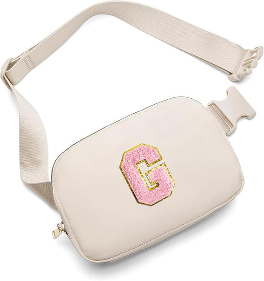 Gitus Belt Bag Fanny Pack Crossbody Bags with Initial Letter Patch Cute Stuff Birthday Gifts for Teenager Girls Trendy Preppy Stuff for Teen Girls(Beige-G)