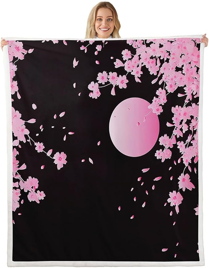 Cherry Blossoms Sherpa Plush Blanket - Pink Moon Flowers Fleece Throw for Kids & Adults - Ultra Soft Black - Queen 90x90 Inch
