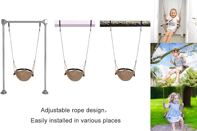 JKsmart Toddler Swing, Swing Seat for Kids Heavy Duty Rope Play Secure Children Swings Set, Perfect for Indoor,Outdoor,Playground,Home,Tree,with Snap Hooks & Straps,440 lbs Capacity, Light Brown
