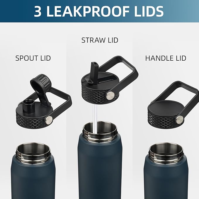 25oz Insulated Stainless Steel Water Bottle with Straw and 3 Lids, BPA-Free Sports Water Bottle,travel water bottle,Navy Blue