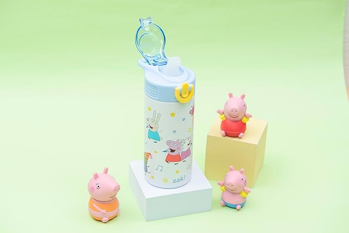 Zak Designs Peppa Pig Sage Kids Water Bottle For School or Travel, 14oz Stainless Steel Water Bottle With Straw, Handle, and Leak-Proof, Pop-Up Spout Cover (Peppa & Friends)