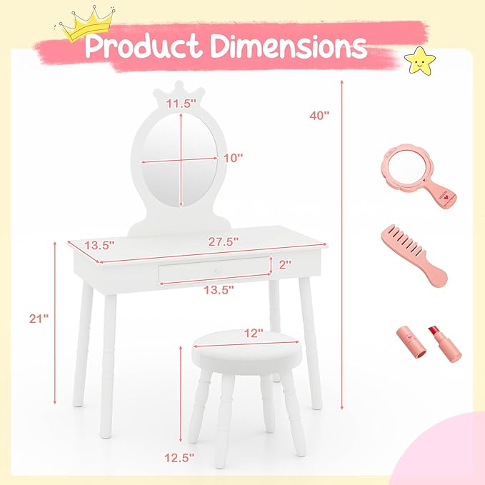 HONEY JOY Kids Vanity, Crown Shape Princess Makeup Dressing Table and Chair Set w/Drawer, Cushioned Toddler Vanity Stool, Real Glass Mirror, Wooden Little Girls Vanity Set with Mirror and Stool(White)