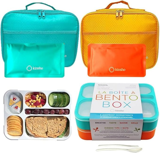 kinsho Bento Box with Lunch Bag and Ice Pack Set | Two Boxes, insulated Bags, Cold Packs for Kids Adults, Value Meal Containers for School Lunches or Snack, 6 Compartments BPA Free, Teal and Orange