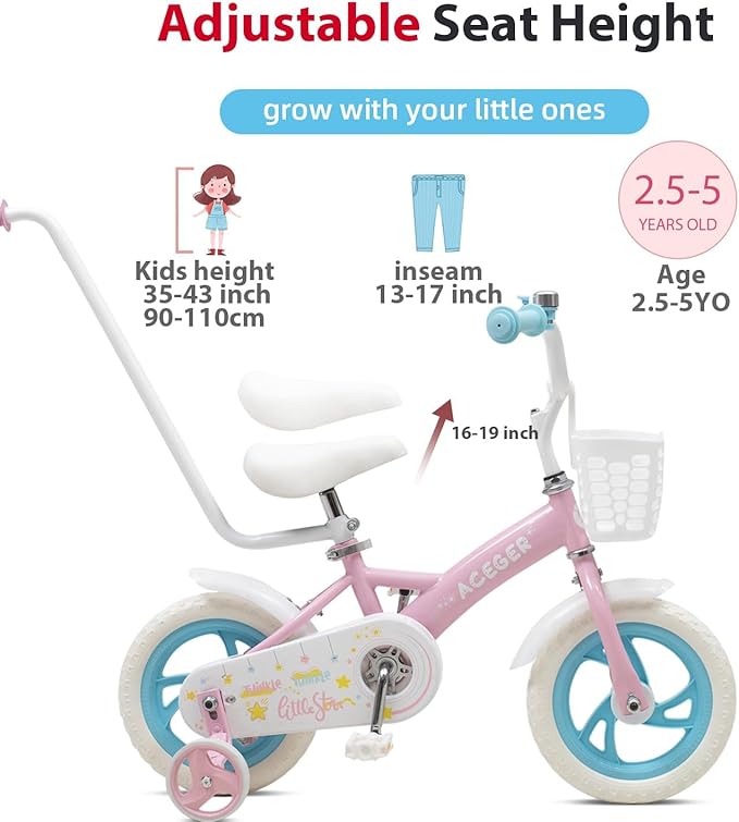 ACEGER 12" Kids Balance Bike with Basket, Toddler Bicycle for Early Learning Leg Strength and Steady Balancing, Durable Frame&Tool-Free Adjustable Seat, Gift Bike for 2-5 Kids, No Brake