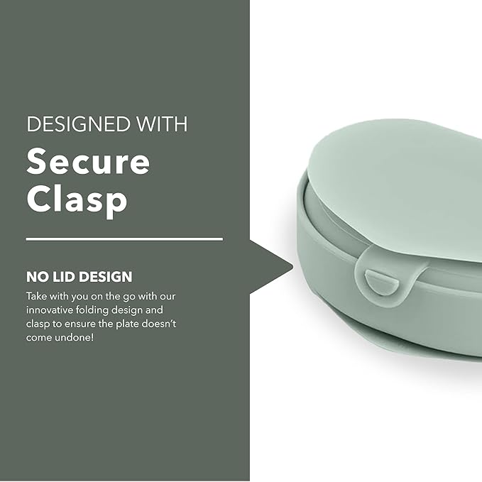 Miniware Baby Travel Plate with Suction - Foldable Silicone Baby Travel Essential to Promote Self-Feeding - Dishwasher Safe, BPA Free, Silicone Baby Plate For On The Go - Eucalyptus Silifold