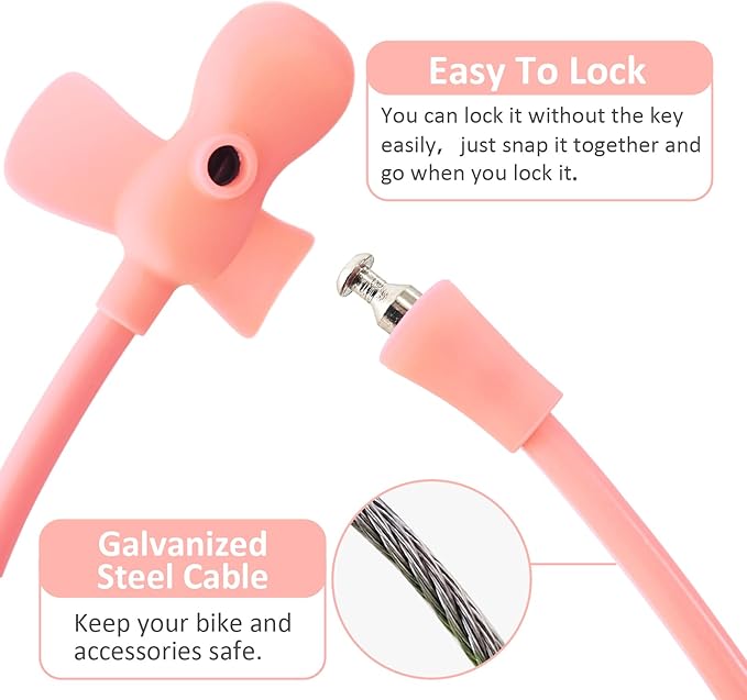 Bike Cable Lock with Keys,Silicone Covered Kids Cable Lock Cartoon Lock,2 Feet Lock for Bike,Door,Skateboard,Helmet and More(Light Pink, Large)