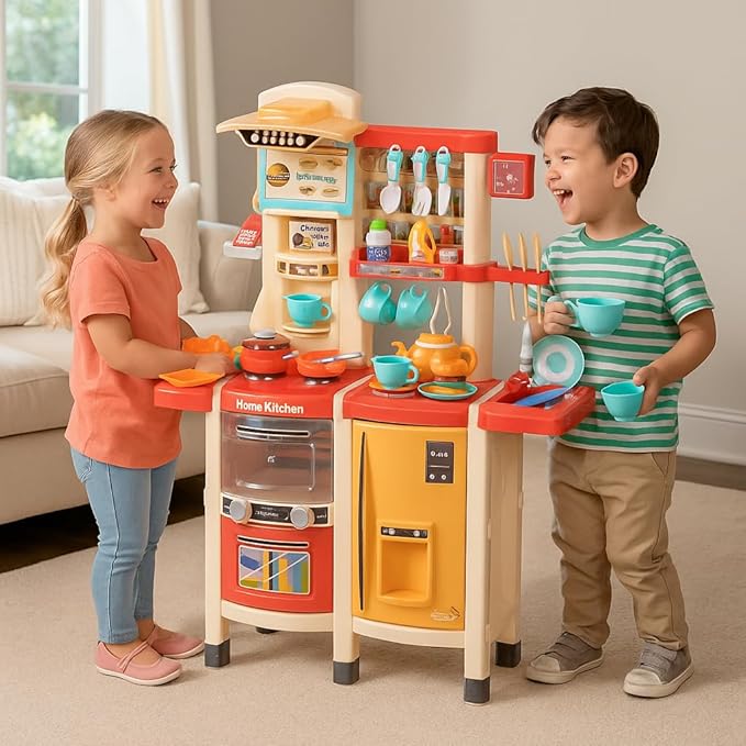 Large Kids Kitchen Play Set,Interactive Kids Kitchen playset with 65Pcs of Pretend Play Kitchen Accessories,Play Toy Kitchen for Toddlers with Realistic Sound Effects,Pink