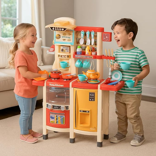 Large Kids Kitchen Play Set,Interactive Kids Kitchen playset with 65Pcs of Pretend Play Kitchen Accessories,Play Toy Kitchen for Toddlers with Realistic Sound Effects,Pink