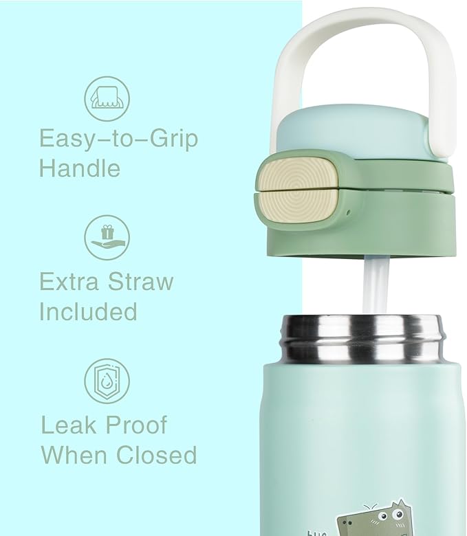 Water Bottle for Kids，Insulated Bottle with Straw, Vacuum Insulated Water Bottle for Boys&Girls, Leak-proof Insulated Tumbler（Green, Dinosaur ）