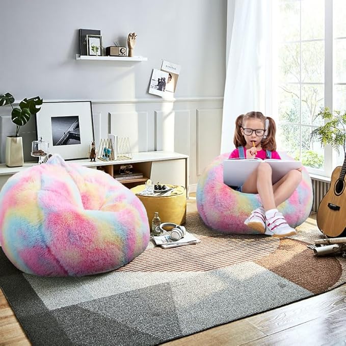 Fluffy Bean Bag Chair, 3FT Round Memory Foam Filled Bean Bag for Teens & Kids, Ultra Soft Faux Fur Fabric Bean Bag Chairs for Playroom, Living Room, Bedroom, Rainbow