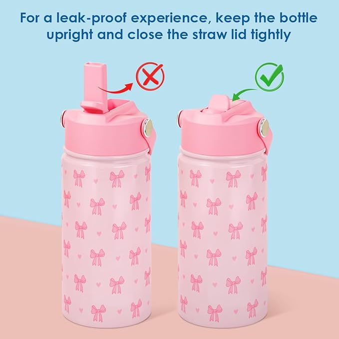 Kid Water Bottle 12oz with Straw Lid - 2-Pack Insulated Stainless Steel Water Bottles for Kids Girls - Travel Cup for School Sports, Bow & Heart