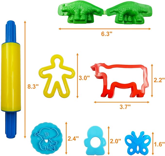 FRIMOONY Dough Tools Set for Kids, Various Plastic Animal Molds, Rolling Pins, for Creative Dough Cutting, 44 Pieces