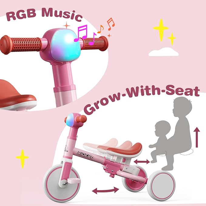 Ridego 5-in-1 Tricycle for Toddlers 2-5 Year Olds, Kids Balance Bike & Toddler Push Bike with Parent Handle, RGB Music Light, Tool-Free Assembly Birthday Gift for Boys Girls