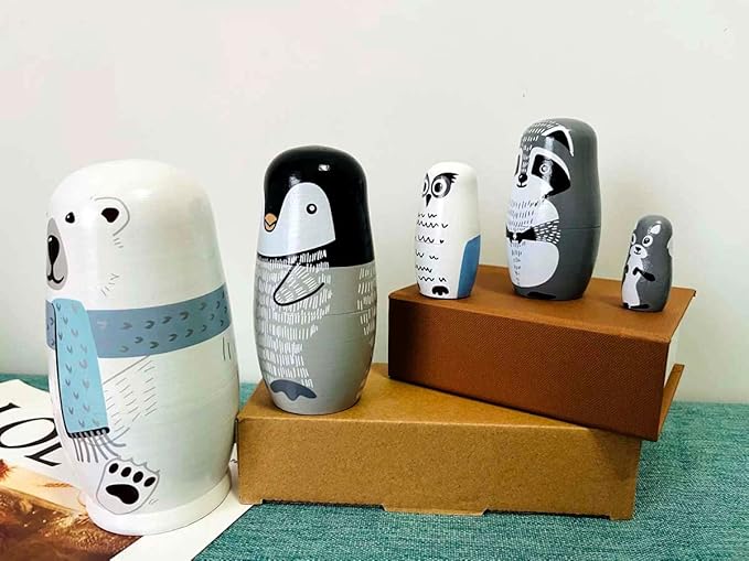 Polar Bear Nesting Dolls - Cute Animal Matryoshka Doll Handmade Wooden Dolls for Children Christmas Birthday Decoration Halloween Wishing Gift,Set of 5