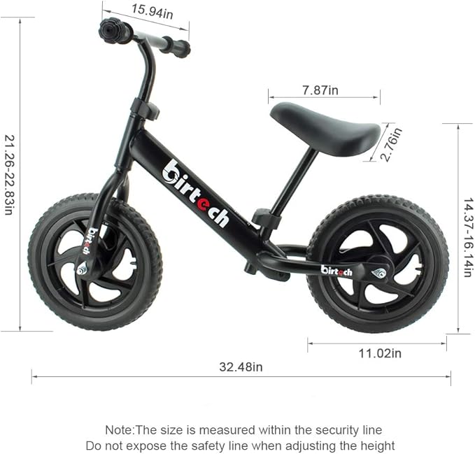 Birtech Balance Bike for 2,3,4,5 Year Old Kids, 12 Inch Toddler Balance Bike Kids Indoor Outdoor Toys, No Pedal Training Bicycle with Adjustable Seat Height, Airless Tire, Black