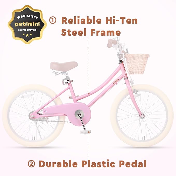 Petimini Girls Bike with Basket for 2-12 Years Old Kids, 12 14 16 18 20 Inch Bicycle with Bell Training Wheels Basket, Multiple Colors