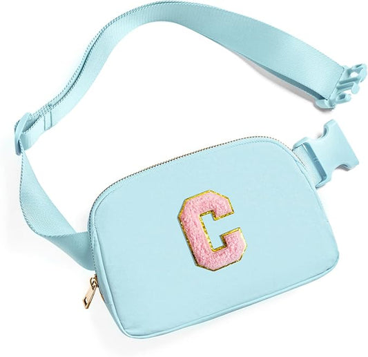 Gitus Gifts for 7 8 9 10 11 Year Old Girls Belt Bag Fanny Pack Crossbody Bags with Initial Letter Patch Birthday Gifts for Daughter Sister Friends Teen girls (Icing Blue-C)