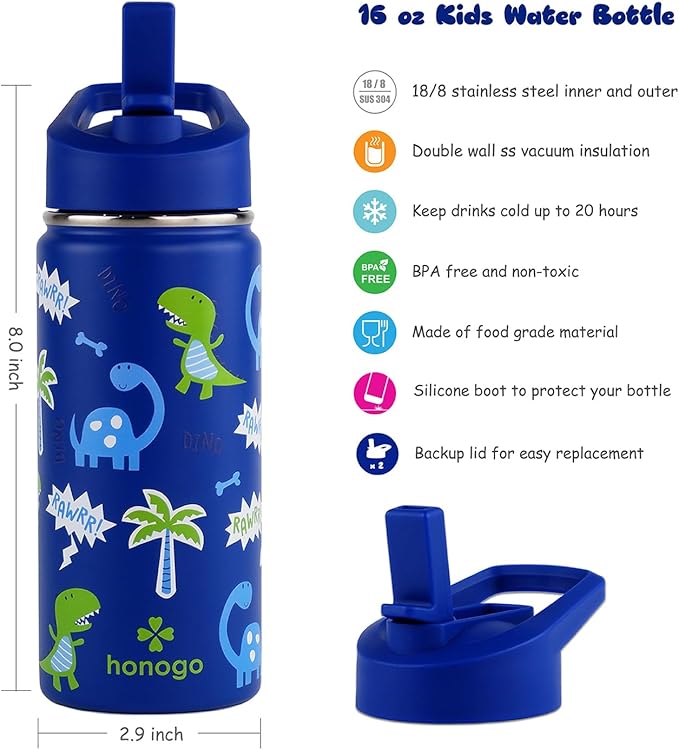 16 oz Stainless Steel Insulated Kids Water Bottle, Leak Proof Metal Thermal Flask with Straw lid, Cute Toddler Tumbler Cup for School Girls & Boys (Blue, Dino)