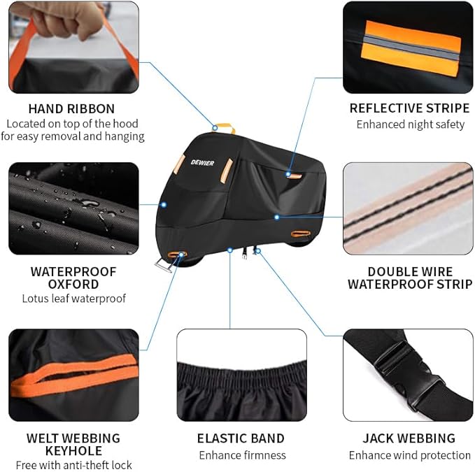 Motorcycle Cover Waterproof Outdoor, 420D Heavy Duty, M 71in, All Season Protection, Windproof Clasps, Storage Bag, Night Reflective Design, Fits Motorcycles, 1-2 Bikes Ebikes