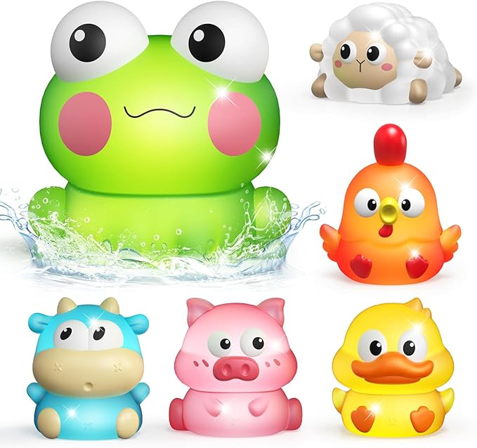 6 Packs Light Up Bath Toys for Kids Ages 1-3, Farm Animals Bathtub Toys for Toddlers 2-4, Water Pool Toys for 1 2 3 Year Old Boys Girls Babies 12-18 Months Gifts