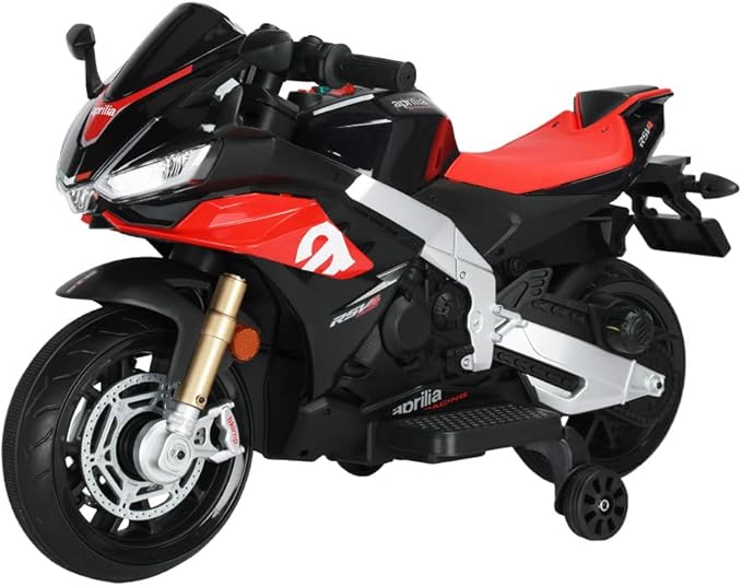 12V Kids Motorcycle, Electric Motorcycle for Kids with Long Battery Life, Top Speed to 3mph, Aprilia Licensed Ride On Motorcycle with EVA Wheels, Training Wheels, Large Seat-Black