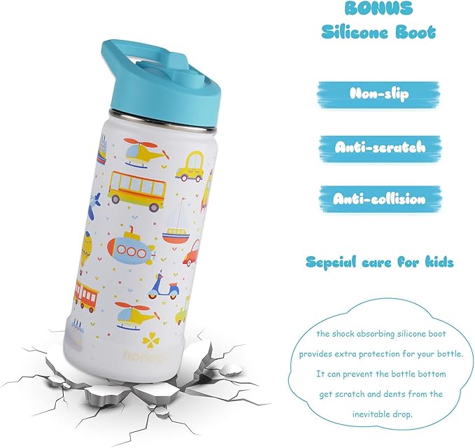 16 oz Stainless Steel Insulated Kids Water Bottle, Leak Proof Metal Thermal Flask with Straw lid, Cute Toddler Tumbler Cup for School Girls & Boys (White, Vehicle)