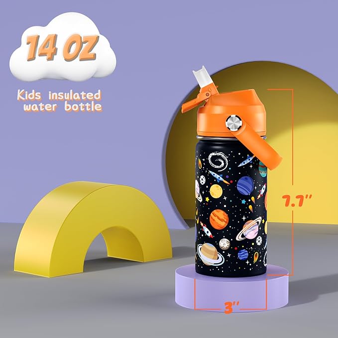 14oz Kids Insulated Water Bottle with Straw Lid - 18/8 Stainless Steel Kid Cup Travel Tumbler Double Wall Vacuum Leak Proof Portable Toddler Water Bottle (Space)