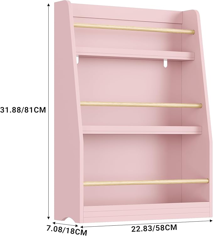 Kids Bookshelf, 3-Tier Montessori Book Shelf Organizer for Books and Toys, Toddler Bookshelf for Bedroom, Living Room, Playroom, Classroom, Nursery - Pink