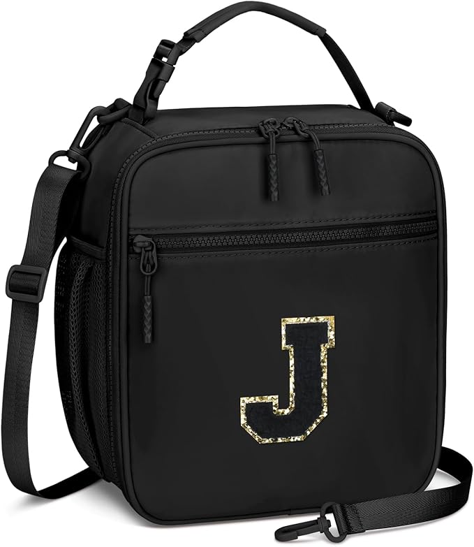 Initial Insulated Lunch Bag for Boys Kids, Back to School Gift, Reusable Leak-proof Lunch Box with Adjustable Strap for School Daycare Travel Picnic（Black，J）