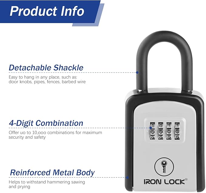Iron Lock® Portable Key Lock Box with Removable U-Shackle Indoor Outdoor Waterproof 4 Digit Combination Resettable Code with A B Switch Key Lockbox for Outside Spare Keys for Realtors (Small, Grey)