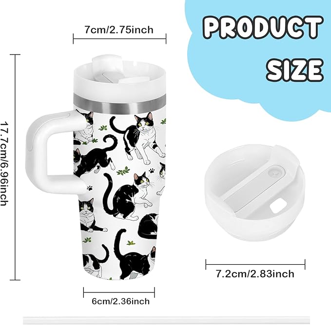 Cat Gifts for Kids - 14oz Cute Cow Cat Tumbler with Handle and Straw, Stainless Steel Insulated Water Cup, Leak Proof, for Sport, School, Travel - Cow Cats Lovers Children Birthday Gifts Cups(1pc)