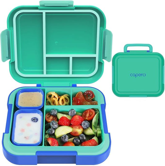 Caperci Bento Box for Kids - Large 4.8 Cups Lunch Box with Two Modular Containers - 4 Compartments, Leak-Proof, Portable Handle, Microwave/Dishwasher Safe, BPA-Free (Jungle Green/Blue)