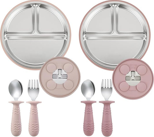PandaEar 2 Pack Stainless Steel Baby Suction Plates & 2 Pack Spoons and Forks Set, Toddler Utensils Baby Feeding Set, Divided Plates for Baby Led Weaning Supplies, BPA-Free (Pink)