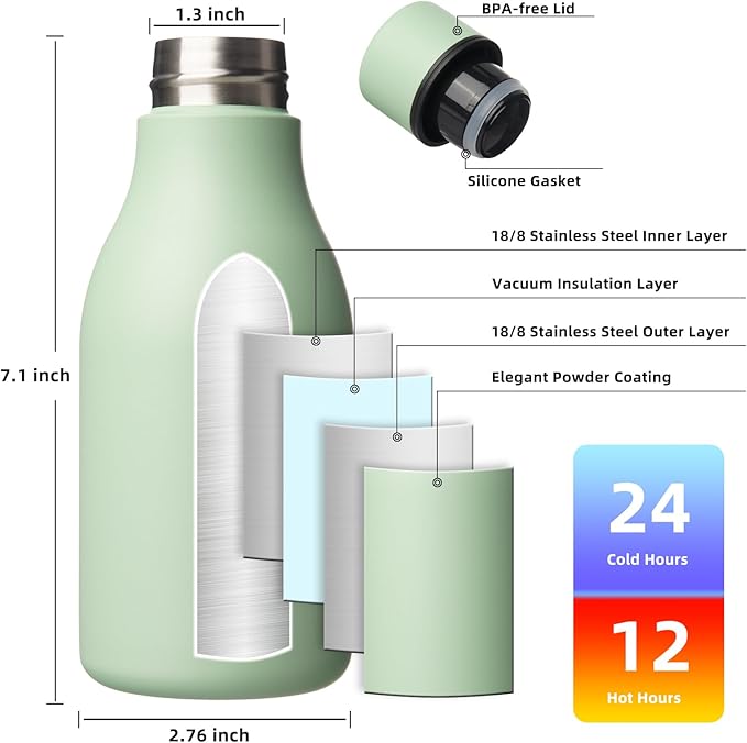 BJPKPK Insulated Water Bottles, 12oz Stainless Steel Metal Water Bottle with Strap, BPA Free Leak Proof Thermos, Mugs, Flasks, Reusable Water Bottle for Sports & Travel, Macaron Green