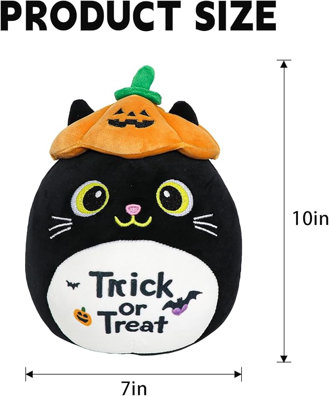 Halloween Stuffed Animal, Halloween Plush Black Cat with Pumpkin Hat, Cute Plushies for Kids Gift