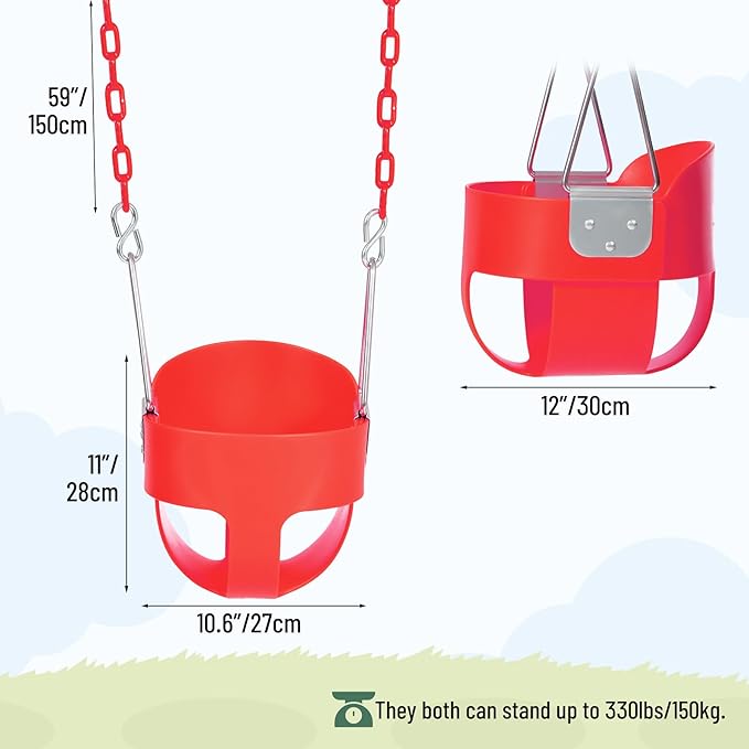 Heavy-Duty Toddler Swing with Coated Safety Chains-High Back Bucket Seat Includes Tree Straps,Hooks for Backyard, Playground,Outdoor Use (Red)