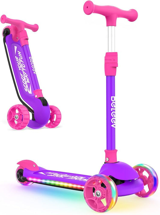 BELEEV A9 Kids Scooter with LED Light-Up Wheels & Deck, 3 Wheel Folding Scooter for Toddlers Girls Boys Ages 3-12, Adjustable Handlebar, Lean to Steer, Extra-Wide Wheels, Kick Scooter for Children