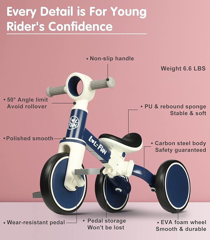 LOL-FUN Baby Balance Bike Toy for 1 2 Year Old Boys Girls Gift Toddler Tricycle 1-3 Year Old with Removable Pedal, 4 in 1 Trike for Ages 1-3 Present