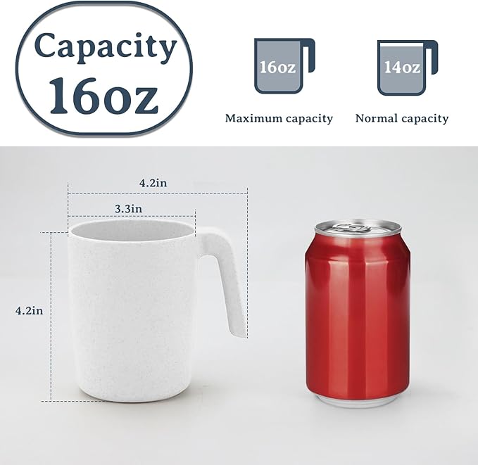 Wheat Straw Cups with Handles 16oz -Plastic Cups Reusable Set of 6-Unbreakable Coffee Mugs- Microwave & Dishwasher Safe Mug-Ideal Plastic Mugs for Tea,Coffee,Camping,RV-White